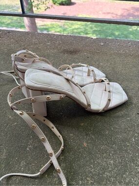 Studded White Quilted Lace-Up Block Heel Sandals